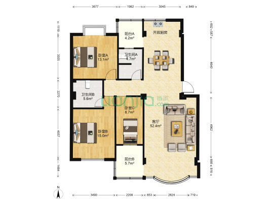 山水南苑 3室1厅2卫 125平方