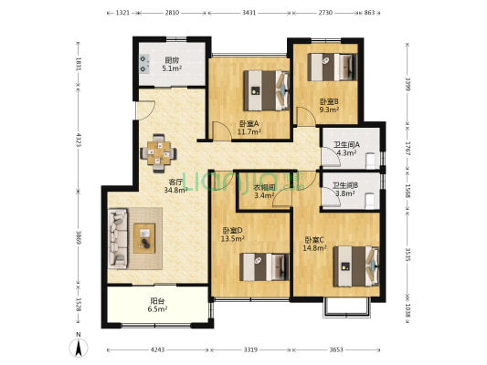 招商方山里 4室1厅2卫 117平方