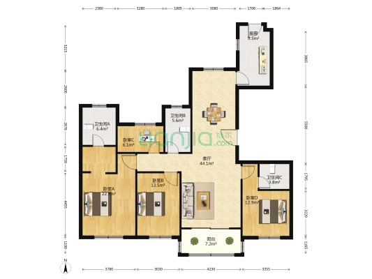融创悦湖台 4室1厅3卫 171平方