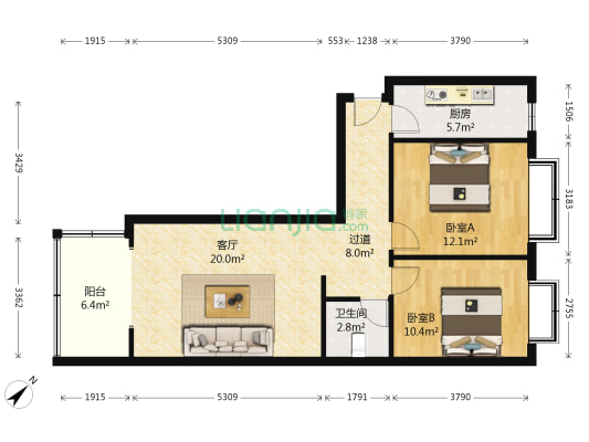 锦江岸 2室1厅1卫 93平方