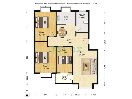舜华园 3室2厅1卫 107平方