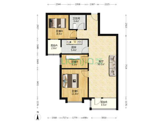 方正三居室，无遮挡，采光视野好。-户型图