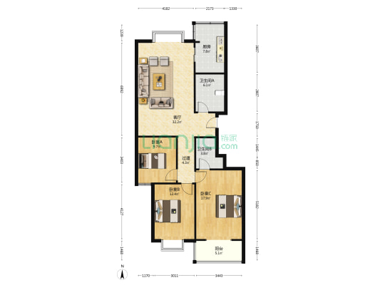 东煌公寓 3室1厅2卫 124平方