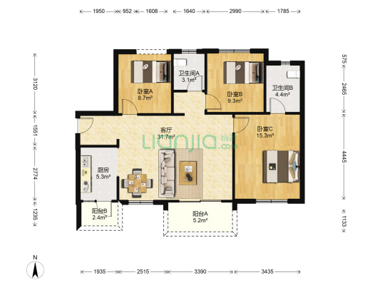 华润置地广场一期 3室1厅2卫 113平方