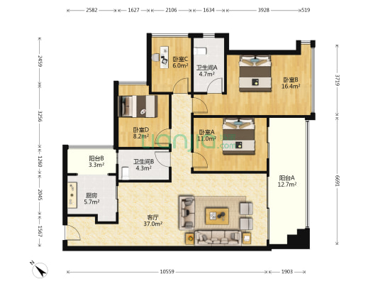 招商雍华府 4室1厅2卫 127平方