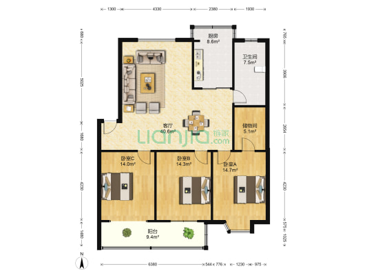 西新桥 3室1厅1卫 138平方