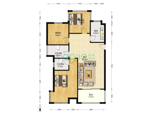 望虞水岸 2室1厅2卫 120平方