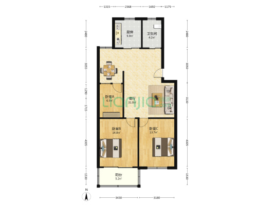 朝阳路1弄小区 3室1厅1卫 94平方