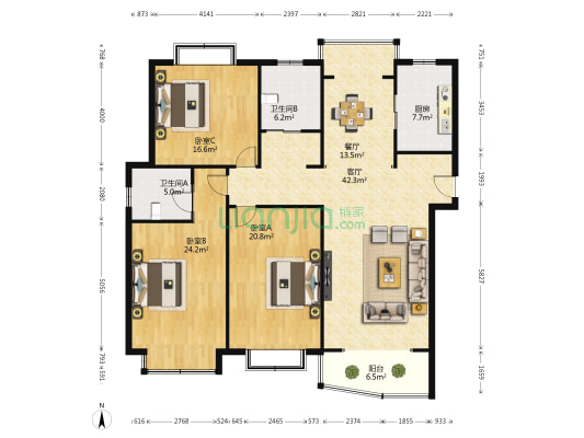 家乐居 3室2厅2卫 180平方