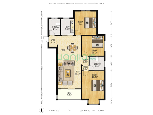 钱江小区 3室1厅2卫 124平方