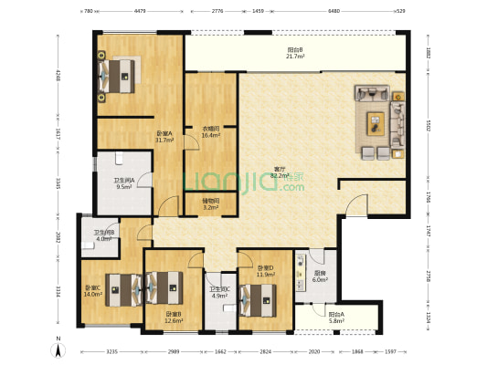嘉陵江天 4室1厅3卫 253平方