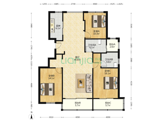东川锦苑 3室1厅2卫 132平方