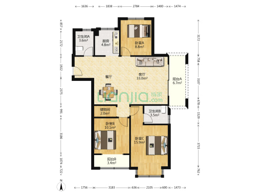 郁金蓝湾 3室1厅2卫 127平方