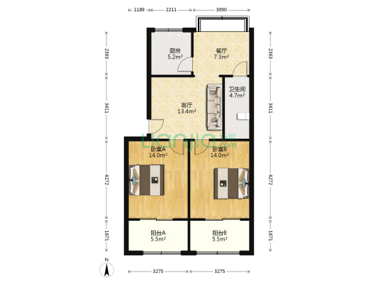 二粮机家属院 2室2厅1卫 83平方