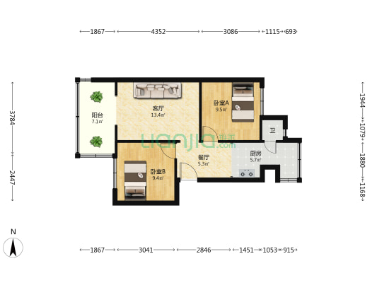 万寿巷4号 2室2厅1卫 60平方