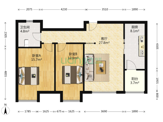 中央生活城 2室1厅1卫 95平方