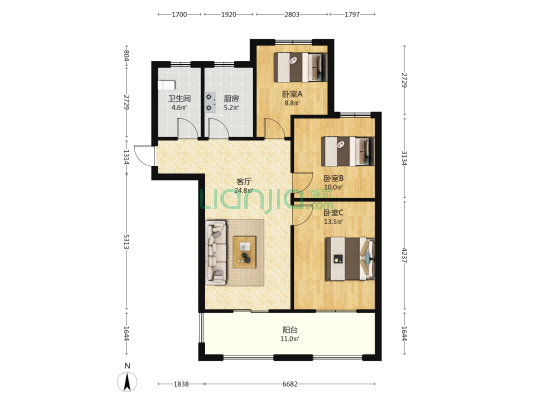 丁香公寓 3室1厅1卫 88平方