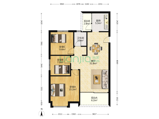 富盈嘉庭 3室1厅1卫 93平方