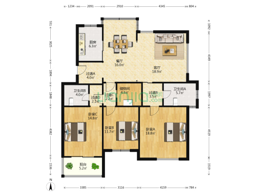 同缘水乡 3室2厅2卫 133平方