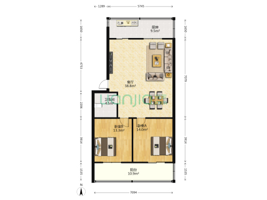 工行宿舍 2室1厅1卫 105平方