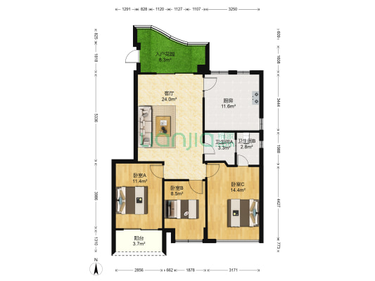 中庚香山春天 3室1厅2卫 98平方