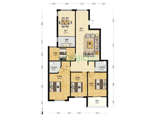 阳光北苑 4室2厅2卫 82平方