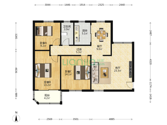 沿河小区 3室2厅1卫 97平方