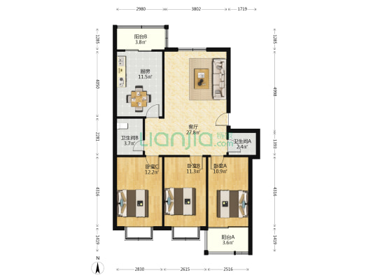 顺盛聚福源(航天路) 3室1厅2卫 109平方