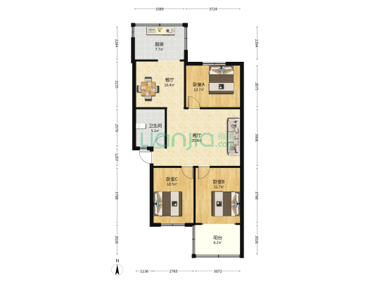 山川东风小区 3室2厅1卫 102平方