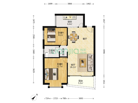 漾湖明居 2室1厅2卫 74平方