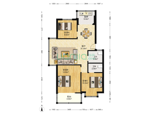 洞桥明苑西区 3室1厅2卫 99平方