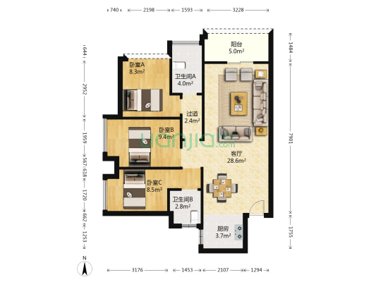荣基嘉园 3室1厅2卫 88平方