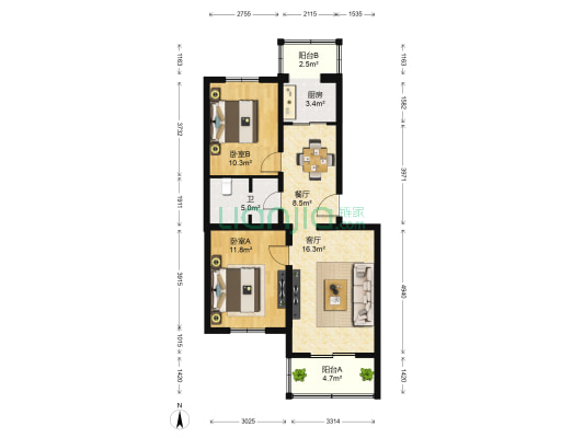 北苑135号院 2室2厅1卫 83平方
