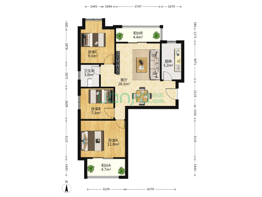 富强天合熙园 3室1厅1卫 95平方