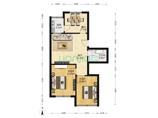 远洋大亚小筑 2室2厅1卫 76平方