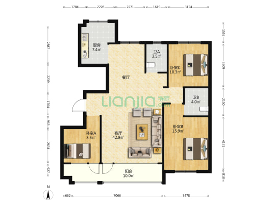潍坊恒信中梁天阙府 3室1厅2卫 134平方