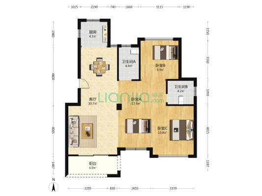 马桥锦园 3室1厅2卫 124平方