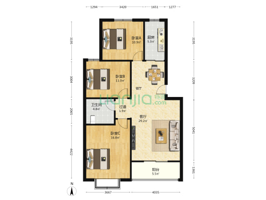兰园小区 3室1厅1卫 108平方