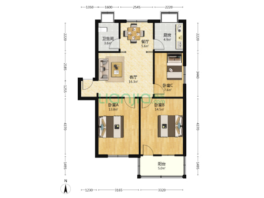 二雅路20号 3室2厅1卫 91平方