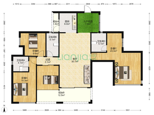 美的新海岸自由立方 4室1厅3卫 162平方