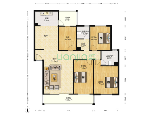 百大·白龙潭晴岚院 4室1厅2卫 157平方