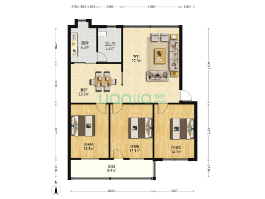丰溪路10号 3室2厅1卫 119平方
