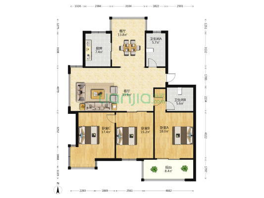 望河花园 3室2厅2卫 137平方