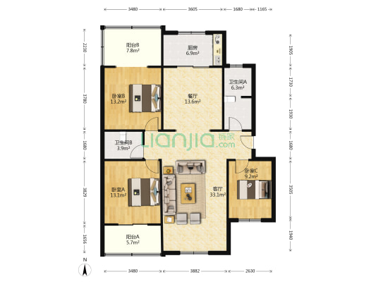华阳主路 金地小区 低楼层 大三居-户型图