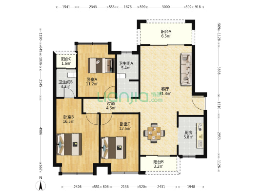 九玺华府 3室1厅2卫 123平方