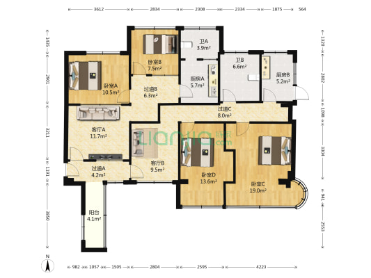 天河军休三所 4室2厅2卫 145平方