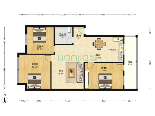 旭日北大道4号 3室2厅1卫 118平方