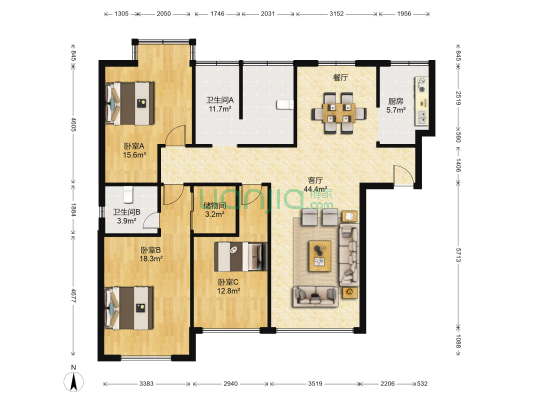 德民旺角 3室1厅2卫 139平方