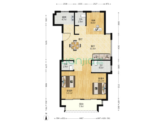 恒厚新东城阳光 3室1厅3卫 114平方