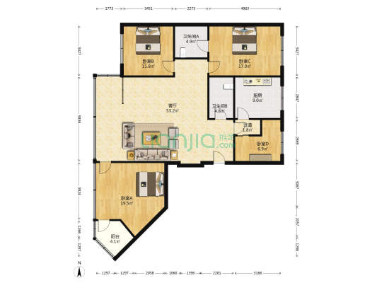 西二道街28号 4室1厅2卫 124平方